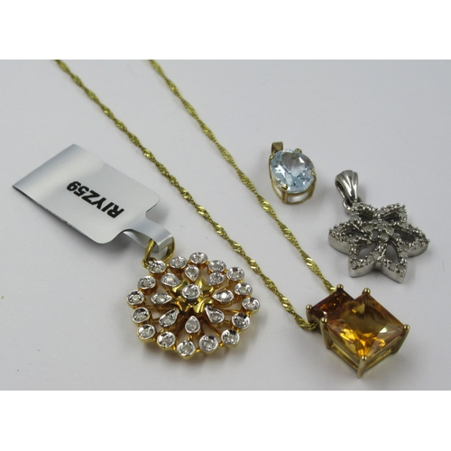 688 - 9ct Gold citrine set pendant on chain, together with two 9ct gold diamond set pendants and a 9ct gol... 