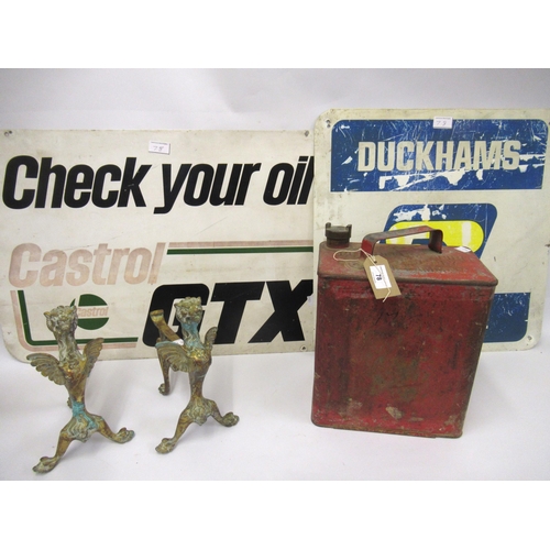 78 - Shell petrol can, an enamel sign for Castrol GTX and and an aluminium sign for Duckhams, together wi... 