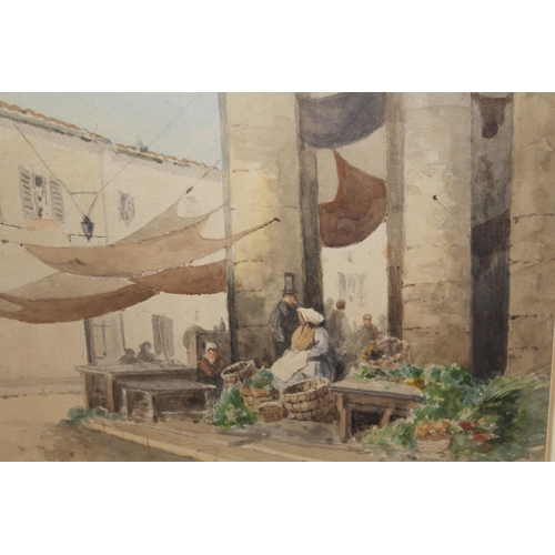 P. Baynon, watercolour, figures at a Continental roadside market, signed, 17 x 23cm, gilt framed