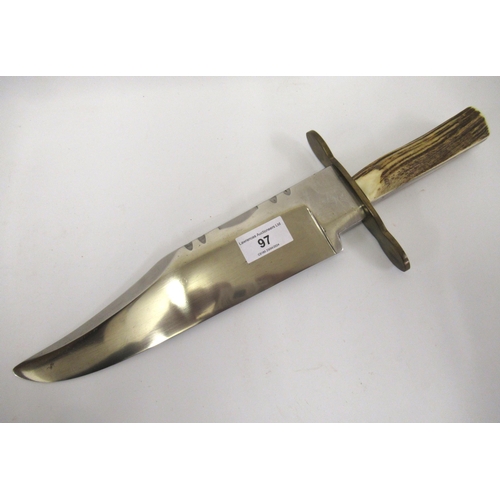 97 - Large steel bladed Bowie knife with horn handle, 40cm long (lacking scabbard)