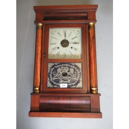 1131 - American style wall clock with square painted dial and two train movement including weights, togethe... 