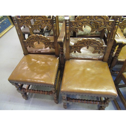 1520 - Set of six (four plus two) good quality reproduction oak dining chairs in 17th Century Derbyshire st... 