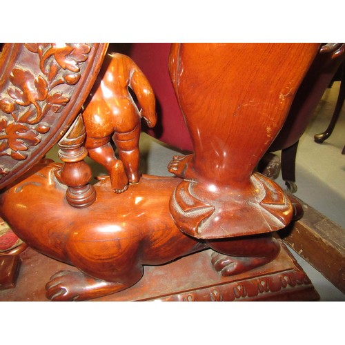 1521 - Very large Indonesian carved hardwood gong on stand, the central circular support with profuse all-o... 