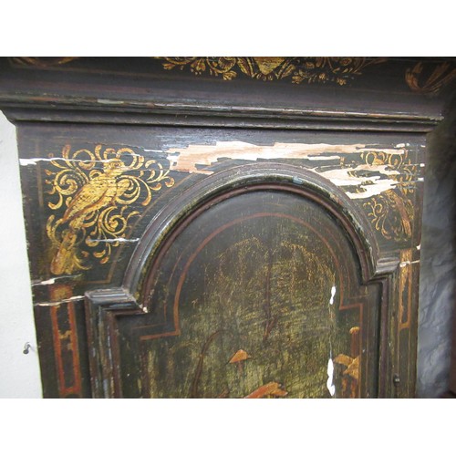 1135 - 18th Century Chinoiserie lacquer longcase clock, the broken arch hood above an arched panel door and... 