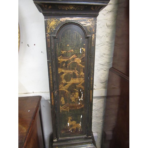 1135 - 18th Century Chinoiserie lacquer longcase clock, the broken arch hood above an arched panel door and... 