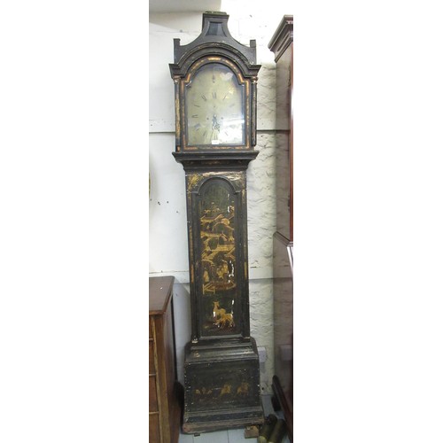 1135 - 18th Century Chinoiserie lacquer longcase clock, the broken arch hood above an arched panel door and... 