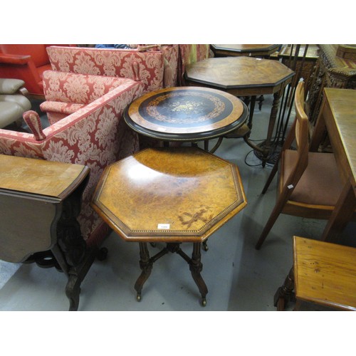 1209 - Small figured walnut octagonal occasional table on four tapering fluted supports with crossover stre... 