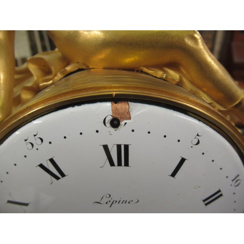 1103 - Fine French ormolu and marble mantel clock by Lepine, the drum form case with convex enamel dial and... 