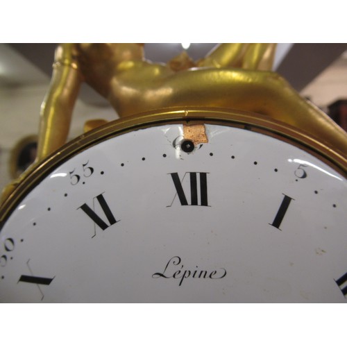 1103 - Fine French ormolu and marble mantel clock by Lepine, the drum form case with convex enamel dial and... 