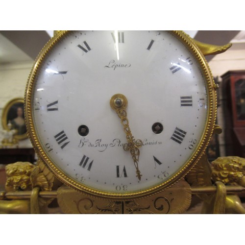 1103 - Fine French ormolu and marble mantel clock by Lepine, the drum form case with convex enamel dial and... 