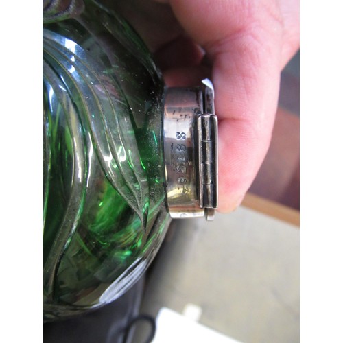 458 - Green overlaid clear glass inkwell, with Birmingham silver cover