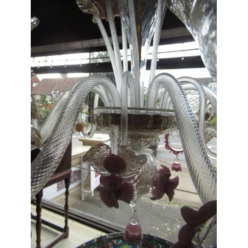 435 - Good quality 20th century Murano glass five branch chandelier, having clear pink and gilt glass arms... 