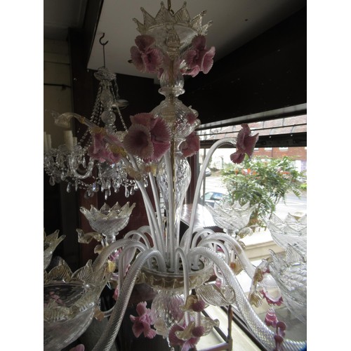 435 - Good quality 20th century Murano glass five branch chandelier, having clear pink and gilt glass arms... 