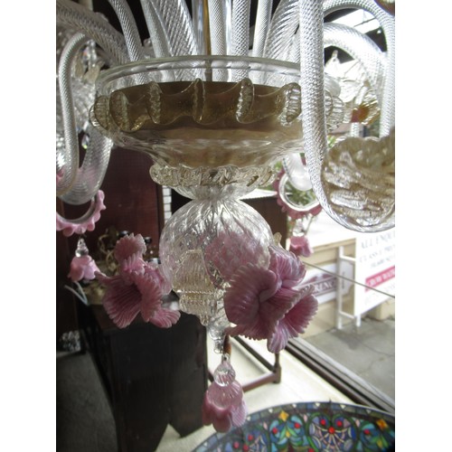 435 - Good quality 20th century Murano glass five branch chandelier, having clear pink and gilt glass arms... 