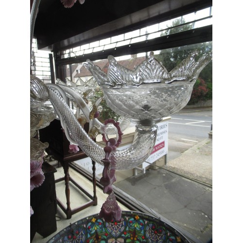 435 - Good quality 20th century Murano glass five branch chandelier, having clear pink and gilt glass arms... 