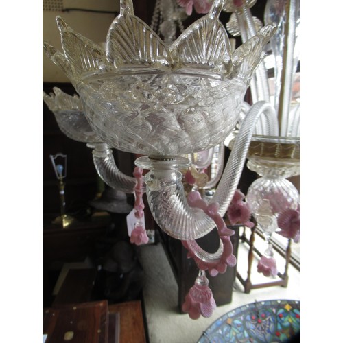 435 - Good quality 20th century Murano glass five branch chandelier, having clear pink and gilt glass arms... 