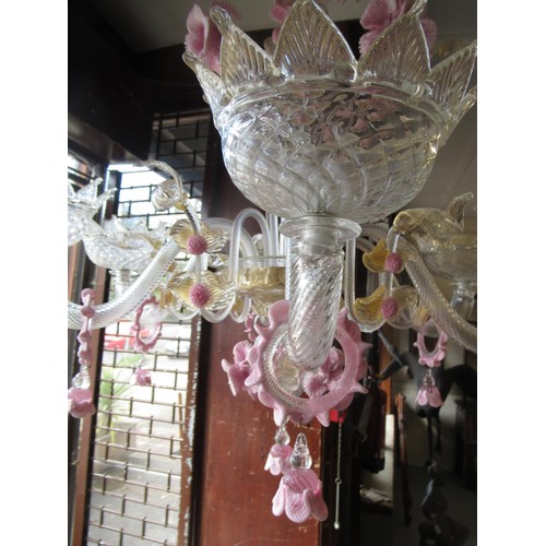 435 - Good quality 20th century Murano glass five branch chandelier, having clear pink and gilt glass arms... 