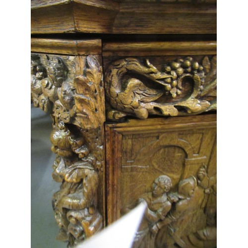 1522 - Fine oak twin pedestal partner's desk, the shaped red tooled leather inset top above shallow frieze ... 