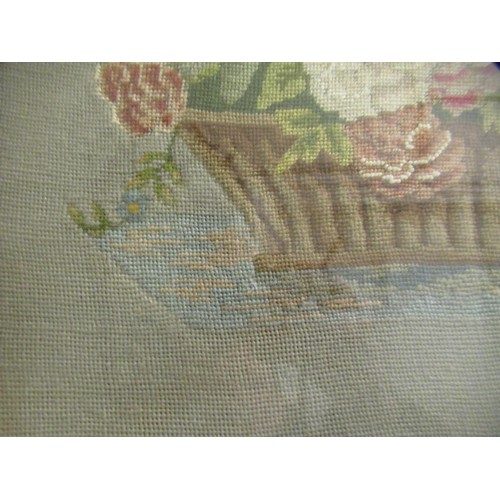 29 - Rosewood framed needlework picture, spray of flowers in a basket, 34 x 33cm