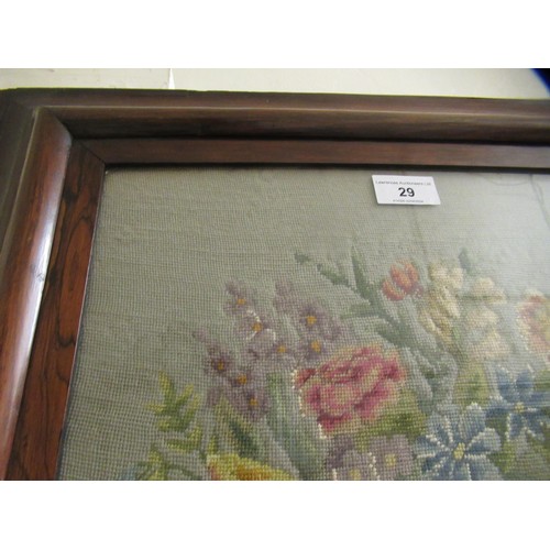 29 - Rosewood framed needlework picture, spray of flowers in a basket, 34 x 33cm