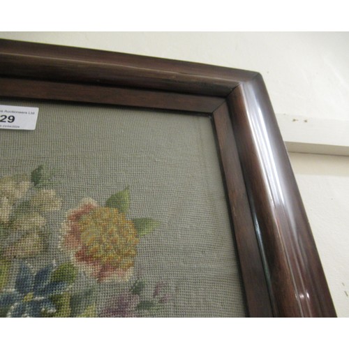 29 - Rosewood framed needlework picture, spray of flowers in a basket, 34 x 33cm