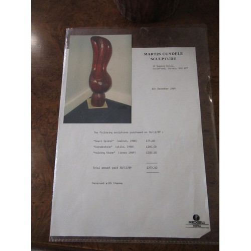 1164 - Martin Cundell, carved hardwood sculpture ' Cornerstone 1988 ', 61cm high (with original receipt)