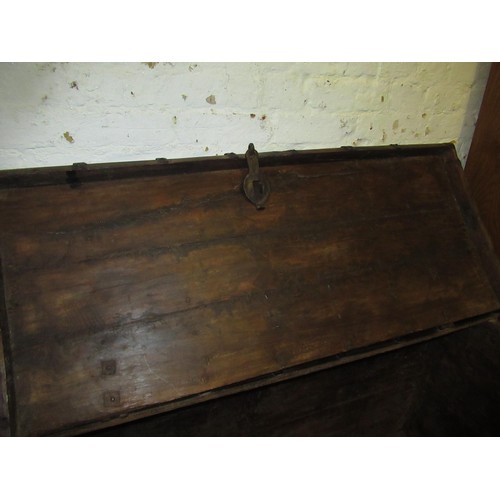 1456 - Large Indian hardwood and metal banded trunk with hinged cover, 118cm wide