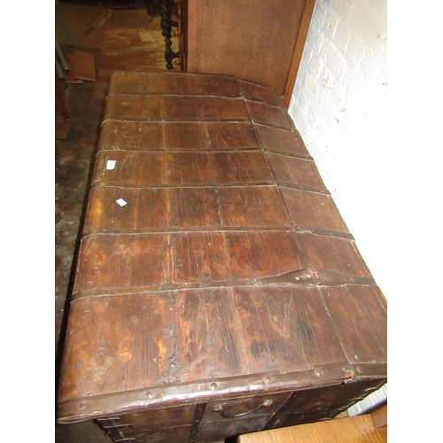 1456 - Large Indian hardwood and metal banded trunk with hinged cover, 118cm wide