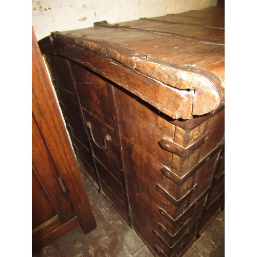 1456 - Large Indian hardwood and metal banded trunk with hinged cover, 118cm wide