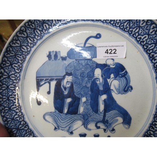 422 - Chinese blue and white porcelain plate decorated with seated figures, 23.5cm diameter