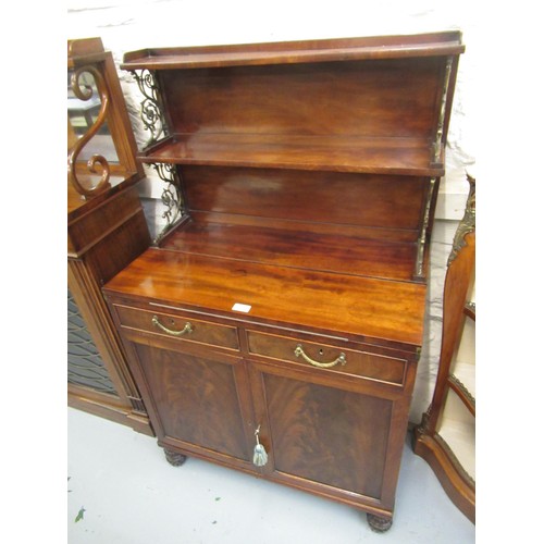 1211 - Small George IV mahogany chiffonier with a two tier shelf back supported by ormolu uprights above a ... 