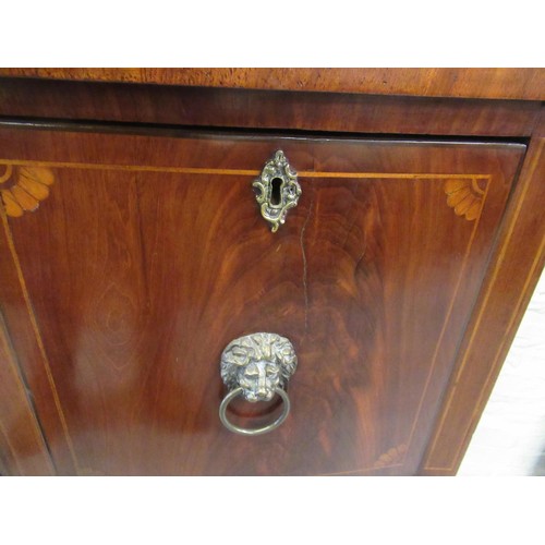 1220 - George III mahogany and line inlaid bow front sideboard, the centre drawer flanked by a cellarette d... 