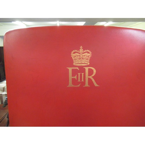 1500 - 20th Century high back red leather upholstered Judges chair with ER cypher to top on oak square tape... 