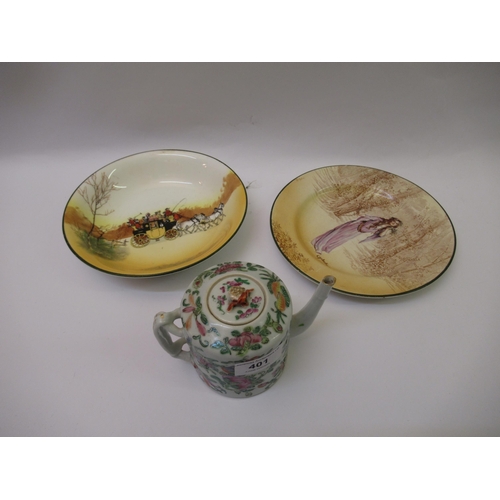 401 - Small Chinese Canton famille rose teapot, together with two Doulton Seriesware plates