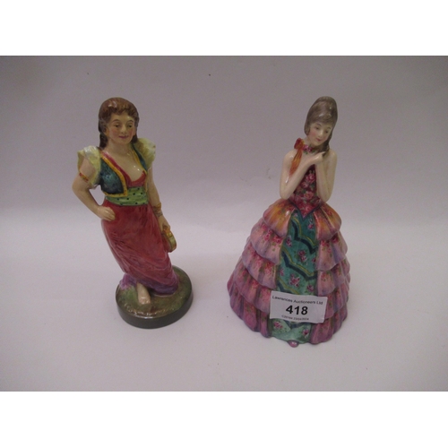 418 - 1930's Crinoline lady figure, together with another porcelain figure of a girl with a tambourine