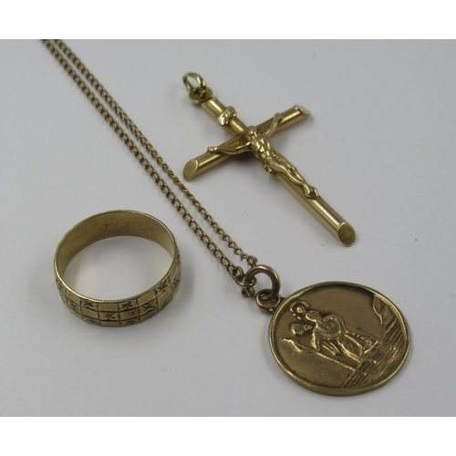 611 - Continental 9ct gold pendant crucifix together with a 9ct gold Saint Christopher pendant on chain an... 