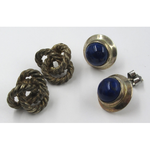 653 - Pair of silver lapis lazuli stud earrings (one at fault), together with a pair of silver rope design... 