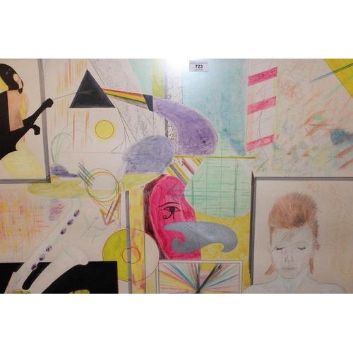 723 - Late 20th Century mixed media picture featuring David Bowie, unsigned, 58 x 83cm, framed