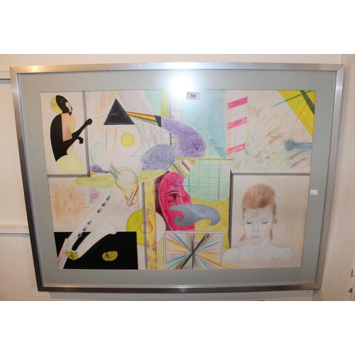 723 - Late 20th Century mixed media picture featuring David Bowie, unsigned, 58 x 83cm, framed