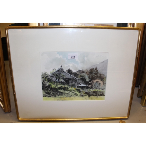 749 - Fred Harris Mills, watercolour, view of Miasa, Japan, together with three various modern Japanese pr... 