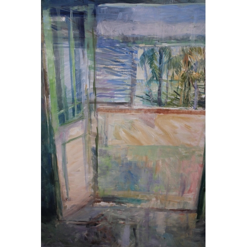 758 - Jane Corsellis, 20th century oil on canvas, ' Balcony Malacca ', signed, bearing label verso, 1m x 8... 