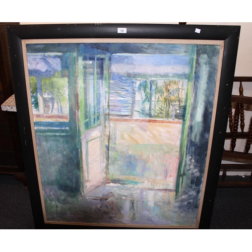 758 - Jane Corsellis, 20th century oil on canvas, ' Balcony Malacca ', signed, bearing label verso, 1m x 8... 