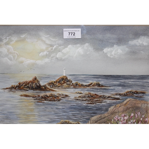 772 - Joan Turpin, watercolour, coastal scene with lighthouse, signed, gilt framed, bearing label verso, 2... 