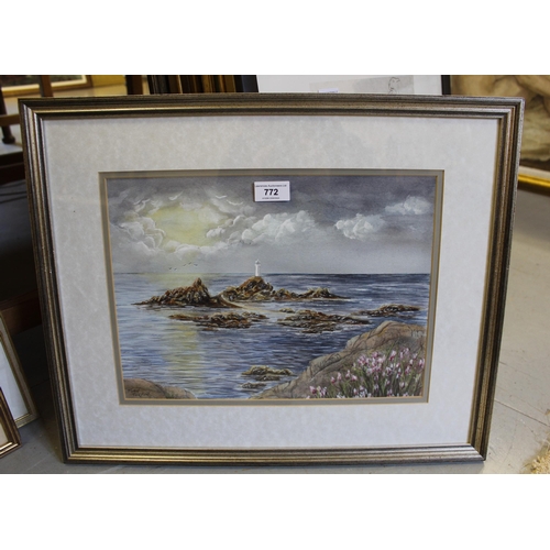 772 - Joan Turpin, watercolour, coastal scene with lighthouse, signed, gilt framed, bearing label verso, 2... 