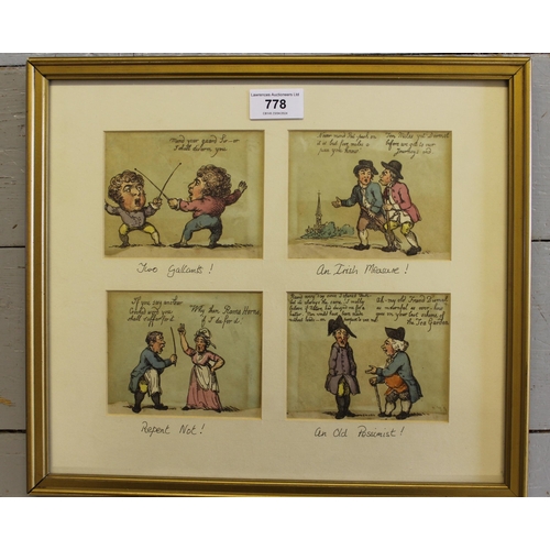 Group of four caricature prints, after Gilray, in a single frame, together with five other similar prints, unframed