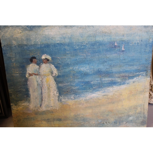 784 - Oil on canvas laid down on board, Impressionist style study of two ladies on a beach, 35 x 46cm, unf... 