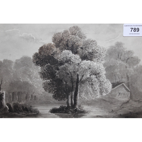 789 - Follower of David Cox, late 18th / early 19th Century monochrome watercolour, rural scene with trees... 