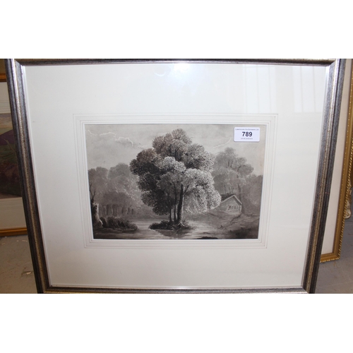 789 - Follower of David Cox, late 18th / early 19th Century monochrome watercolour, rural scene with trees... 