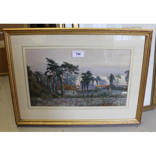 794 - Karl Hefner, watercolour, cottages in a landscape, signed, 21 x 35cm, gilt framed