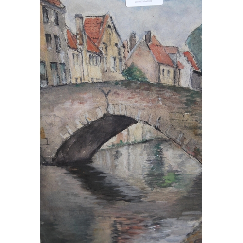Kate Tizard, watercolour, canal scene - Bruges, signed, 35 x 29cm, in an Arts and Crafts silvered composition frame